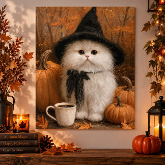 Póster Gato brujo blanco de Halloween con taza de café