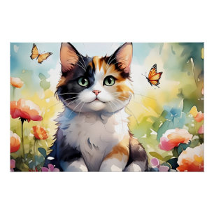 Póster Gato Calico en jardín de primavera con mariposas