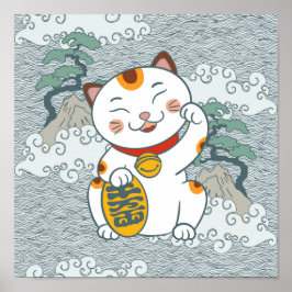 Póster Gato calico japonés afortunado | Maneki Neko Left