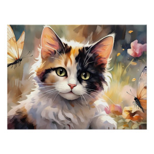 Póster Gato calico y mariposas en jardín de primavera