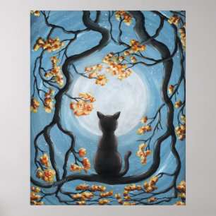 Póster Gato caprichoso en pintura de la luna llena de árb
