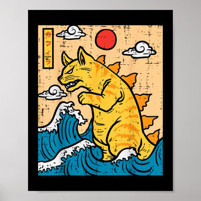 Póster Gato Catzilla Gracioso Japonés Wave Art Hombres Mu (Frente)