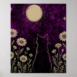 Póster Gato Celestial Floral Púrpura