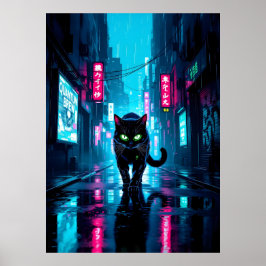 Póster Gato ciberpunk negro en ciudad lluviosa de neón