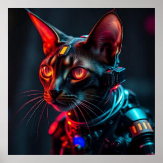 Póster Gato ciborg futurista sobre fondo negro estilo cyb