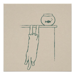 Póster Gato Colgando de Estante Acechando Pecera – Divers