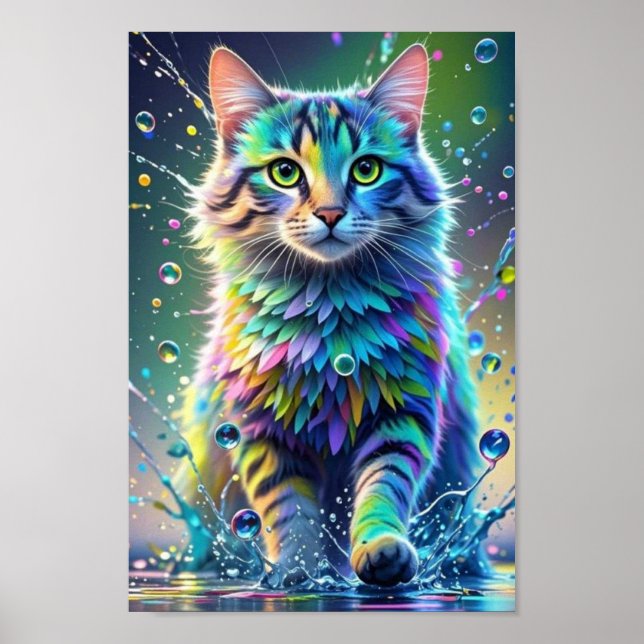 Póster Gato colorido, salpicaduras, pintura, clasificació (Frente)