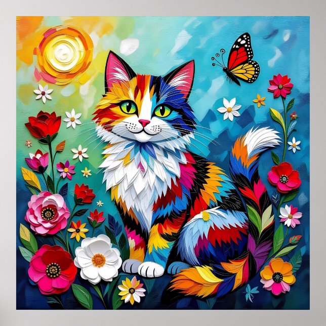 Póster Gato Colorido y Mariposa (Frente)