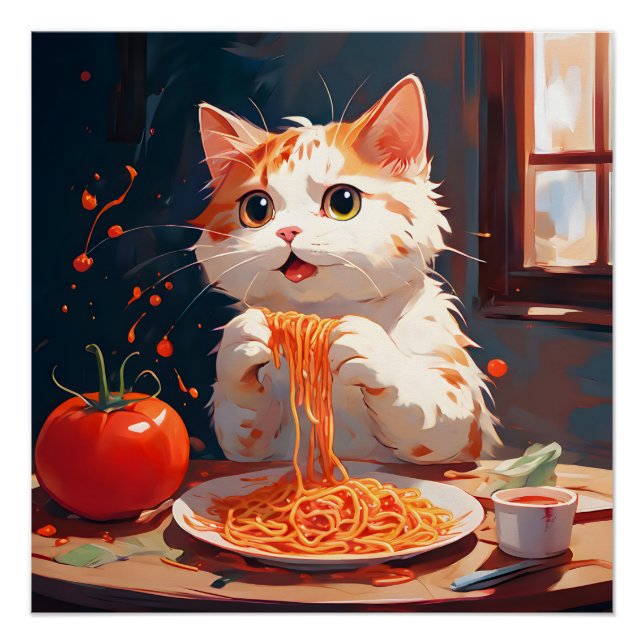 Póster Gato comiendo espagueti (Anverso)
