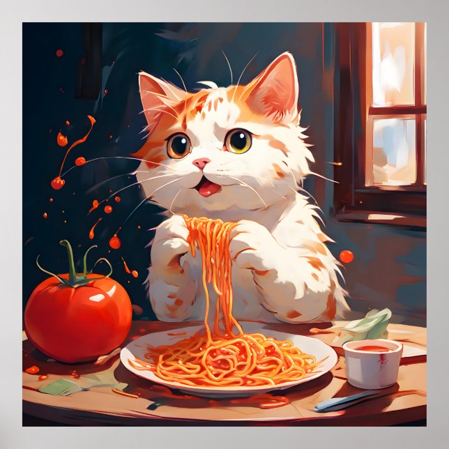 Póster Gato comiendo espagueti (Frente)