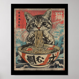 Póster Gato comiendo fideos de Ramen Kawaii Anime Manga J