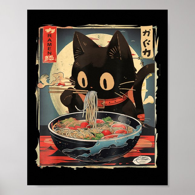 Póster Gato comiendo fideos Ramen Noodle Divertido japoné (Frente)