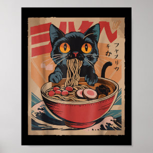 Póster Gato comiendo Ramen japonés Tees Kawaii Cat