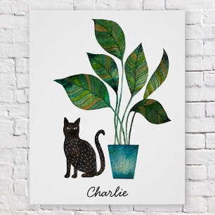 Póster Gato con acuarela de planta con protección persona
