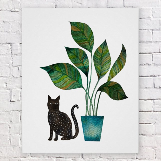 Póster Gato con acuarela de planta pulida (Black cat with houseplant watercolor poster)