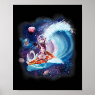 Póster Gato con casco haciendo surf en una tabla de pizza