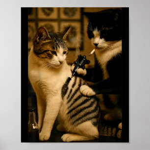Póster Gato con Cigarro Antiguo Fumando Tatuaje de Artist