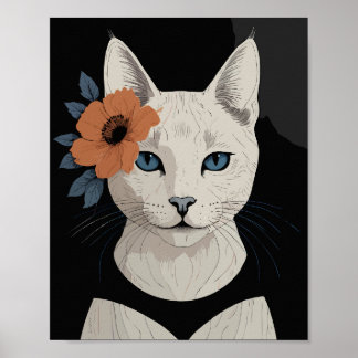 Póster Gato con flor naranja