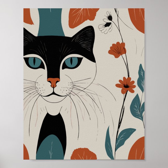 Póster Gato con flores de colores (Frente)