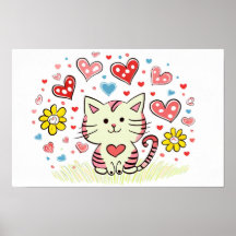Gato con flores y corazones