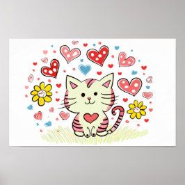 Póster Gato con flores y corazones