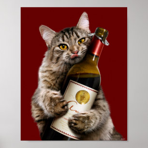 Póster Gato con frasco de vino