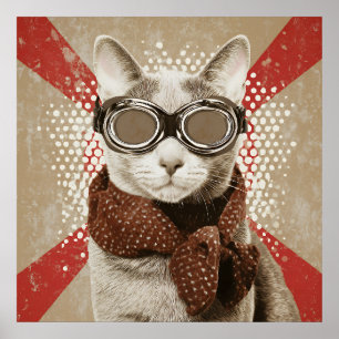 Póster Gato con gafas de buzo Bufanda Estandarte Retro Re