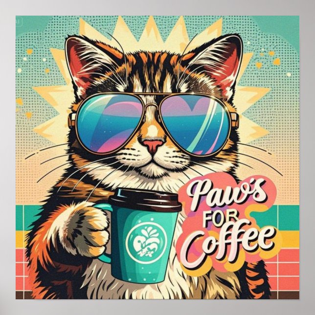 Póster Gato con gafas de sol sobredimensionadas con café (Frente)