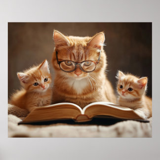 Póster Gato con gafas leyendo un libro a sus gatitos