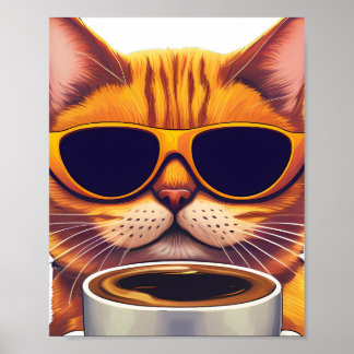 Póster gato con gafas tomando café