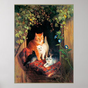 Póster Gato con gatitos, pintura artística fina,
