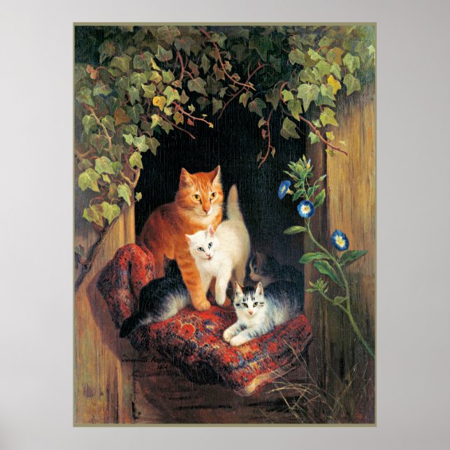 Póster Gato con gatitos, pintura artística fina, (Frente)
