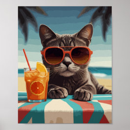 Póster Gato con jugo de naranja en la playa