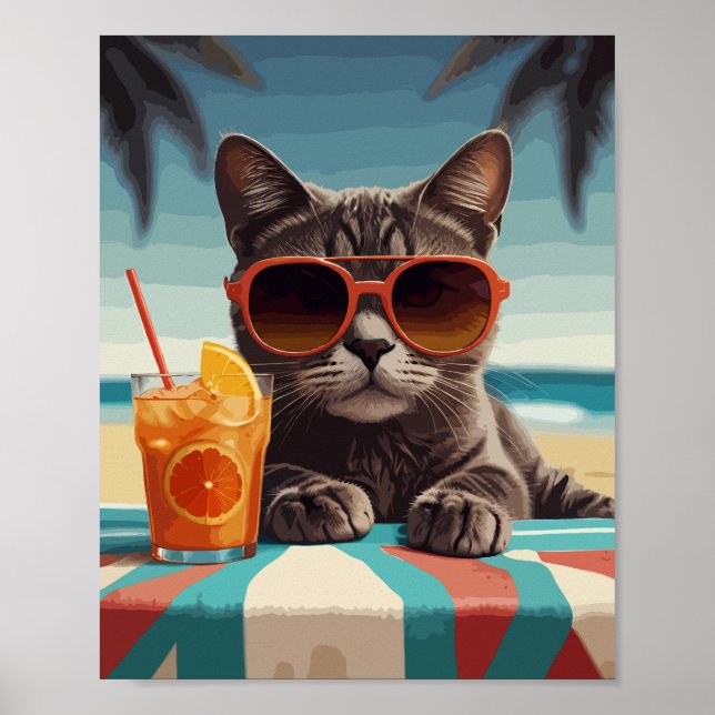 Póster Gato con jugo de naranja en la playa (Frente)