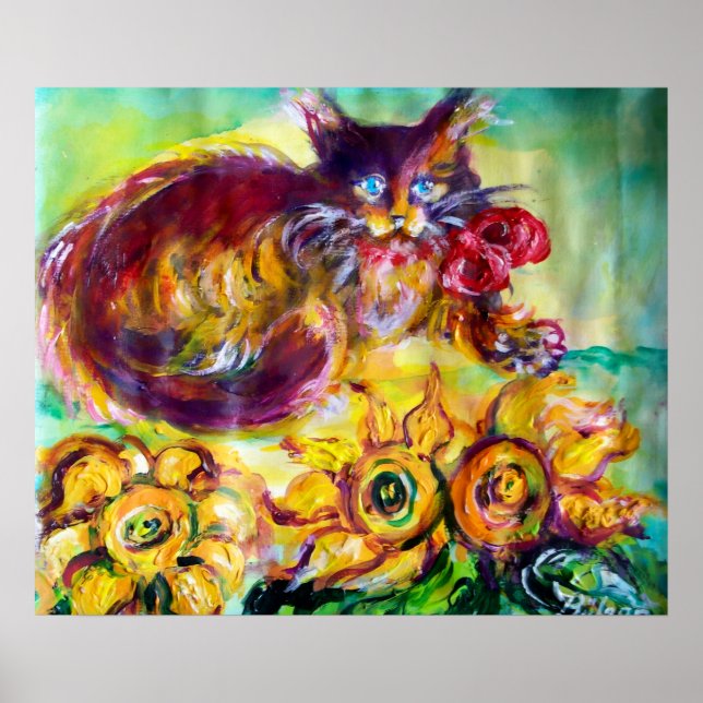 PÓSTER GATO CON LAZO ROJO Y GIRASOLES (Frente)