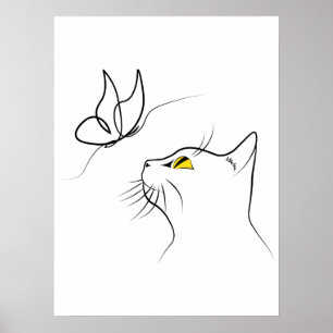 Póster Gato Con Mariposa Resumen Lineal Mínimo