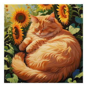 Póster Gato con Naranja de grasa dormido con girasoles