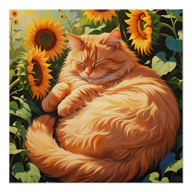 Póster Gato con Naranja de grasa dormido con girasoles (Anverso)