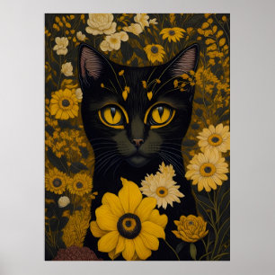 Póster Gato con ojos grandes delante de flores