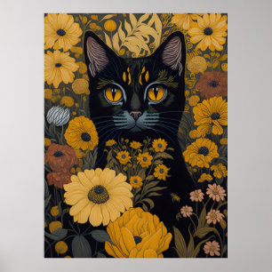 Póster Gato con ojos grandes frente a flores #2