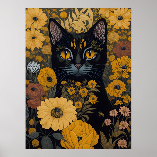 Póster Gato con ojos grandes frente a flores #2 (Frente)