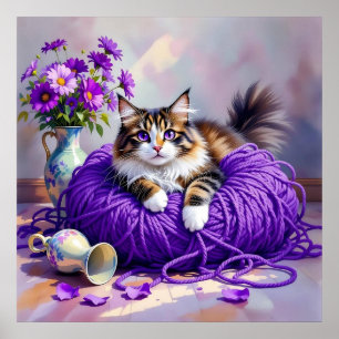 Póster Gato con ojos púrpura en hilo púrpura y flores