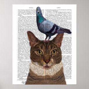 Póster Gato con paloma en la cabeza