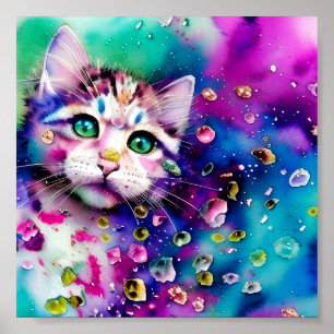 Póster Gato con salpicaduras de acuarela