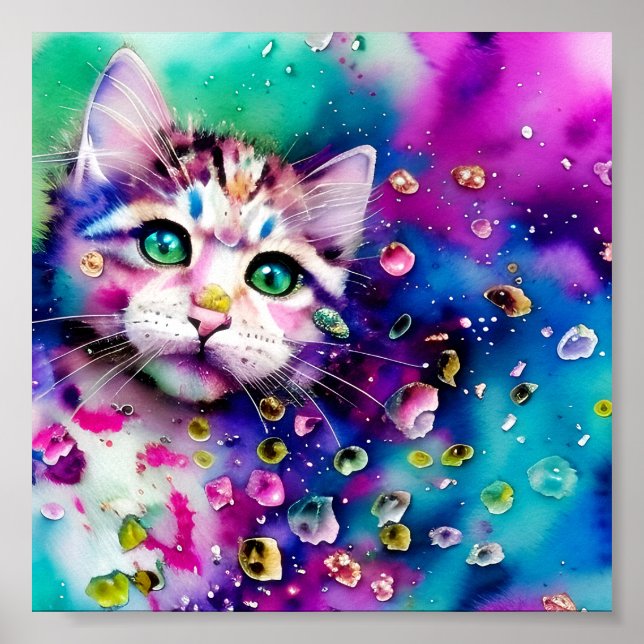 Póster Gato con salpicaduras de acuarela (Frente)