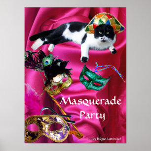 PÓSTER GATO CON SOMBRERO DE ARLEQUÍN Y MÁSCARAS DE FIESTA