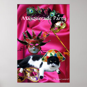 PÓSTER GATO CON SOMBRERO DE ARLEQUÍN Y MÁSCARAS DE FIESTA