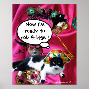 PÓSTER GATO CON SOMBRERO DE ARLEQUÍN Y MÁSCARAS DE FIESTA