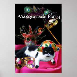 PÓSTER GATO CON SOMBRERO DE ARLEQUÍN Y MÁSCARAS DE FIESTA