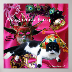 PÓSTER GATO CON SOMBRERO DE ARLEQUÍN Y MÁSCARAS DE FIESTA